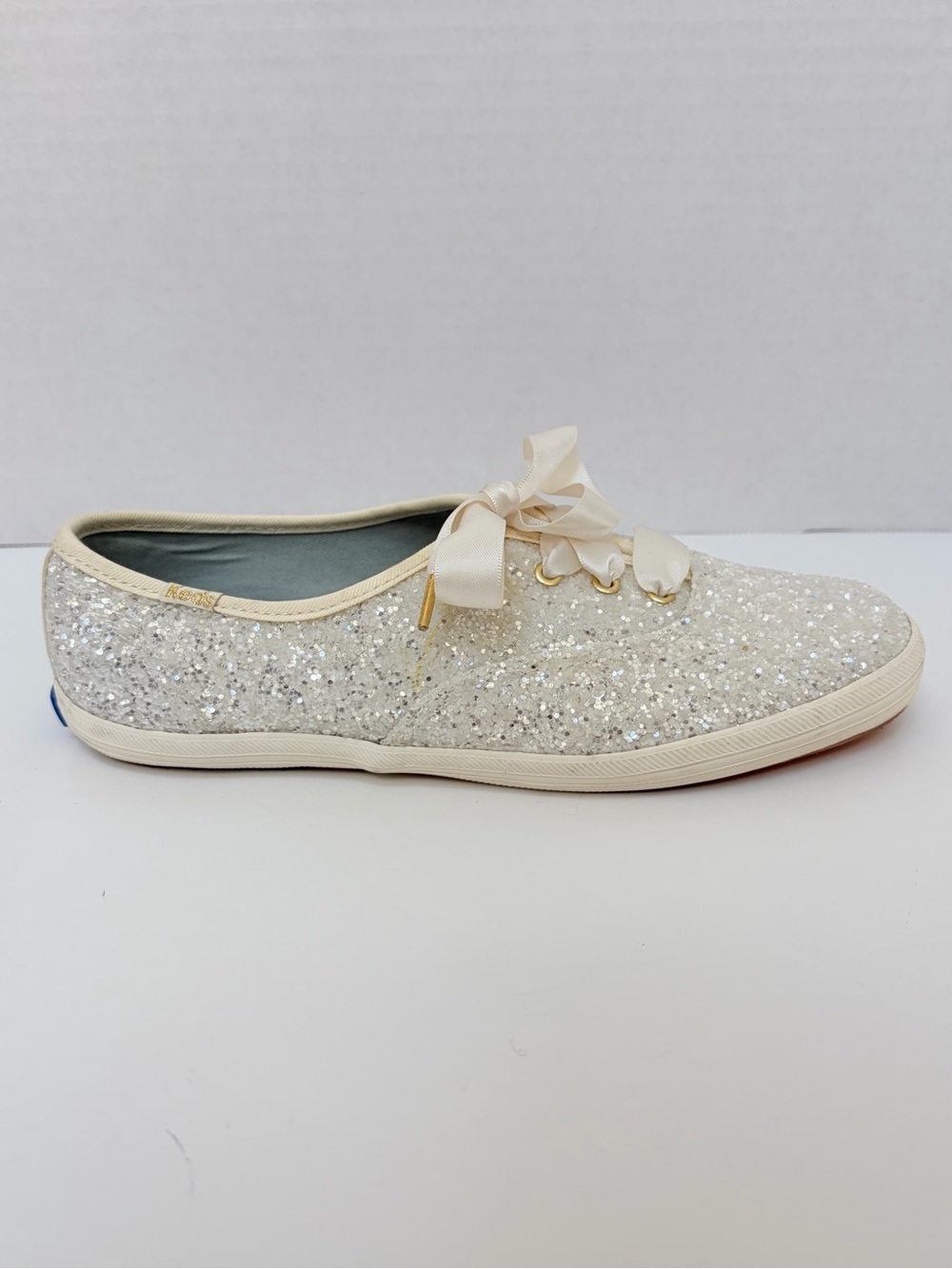 Kate Spade Keds Glitter Sneakers Satin Ribbon Lace Up Shoes Ivory White Size 7